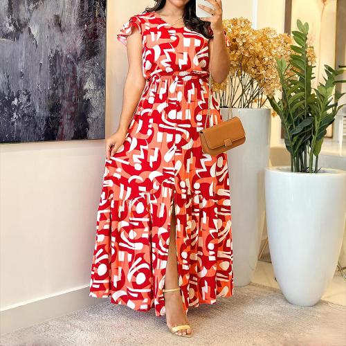 Polyester Slim One-piece Dress printed red PC