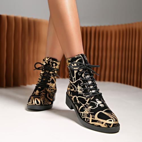 Rubber & PU Leather side zipper Women Boots printed gold Pair