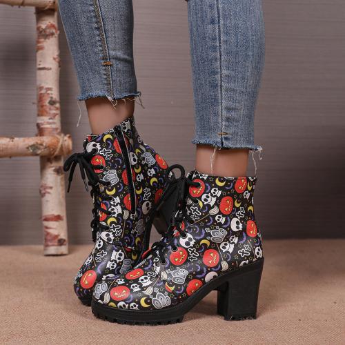 Rubber & PU Leather front drawstring & chunky Boots printed skull pattern multi-colored Pair