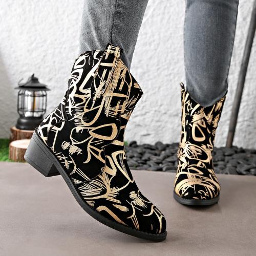 Rubber & PU Leather chunky Women Boots round toe printed gold Pair