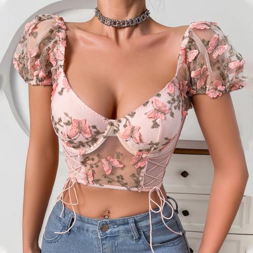 Polyester Women Short Sleeve Blouses midriff-baring  floral pink PC