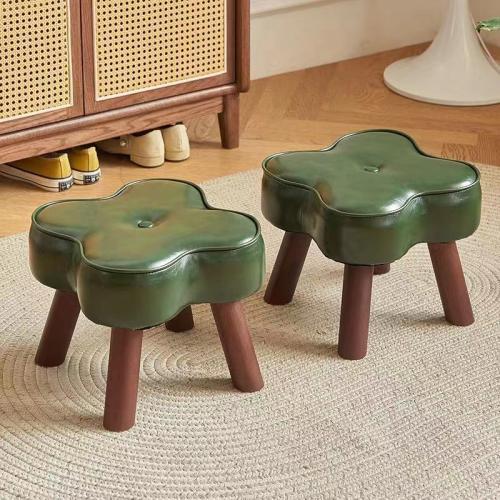 Waxed Leather & Sponge & Solid Wood Waterproof Stool durable Solid deep green PC