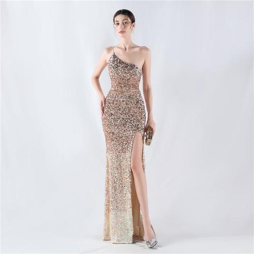 Sequin & Polyester Waist-controlled & floor-length Long Evening Dress side slit & One Shoulder PC