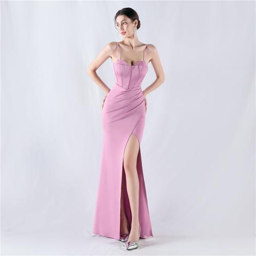 Polyester Waist-controlled & floor-length Long Evening Dress deep V & side slit PC