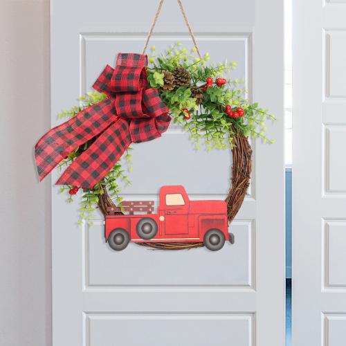 Cross-border new Christmas artificial Garland rattan ring decoration red car bow Garland door hanging decoration