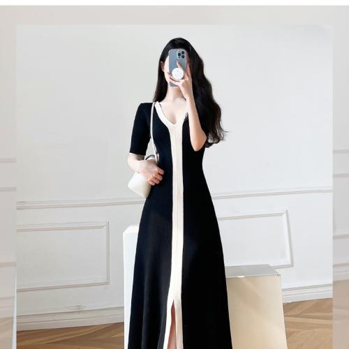 Summer New Vintage Tight Waist Slimming Gentle Style Elegant Goddess V-neck Fashion Knitted Dress for Women