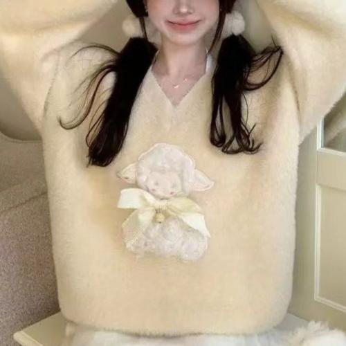 Soft Waxy Milk Yellow Bow V-neck Sweater Women's 2024 New Winter Thickened Loose Mink Velvet Knitted Top