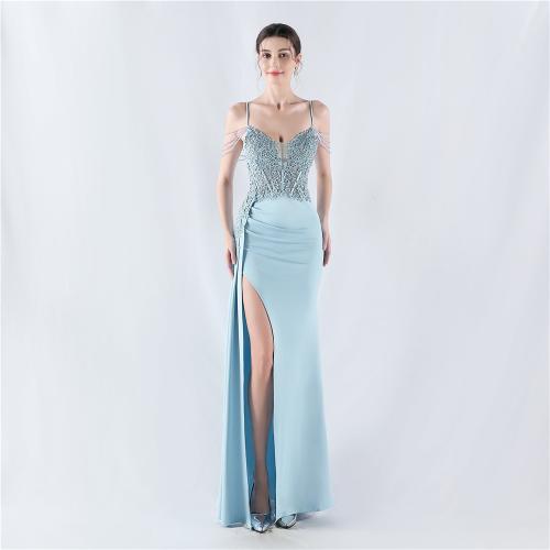 Polyester Long Evening Dress side slit & off shoulder & breathable Polyester PC