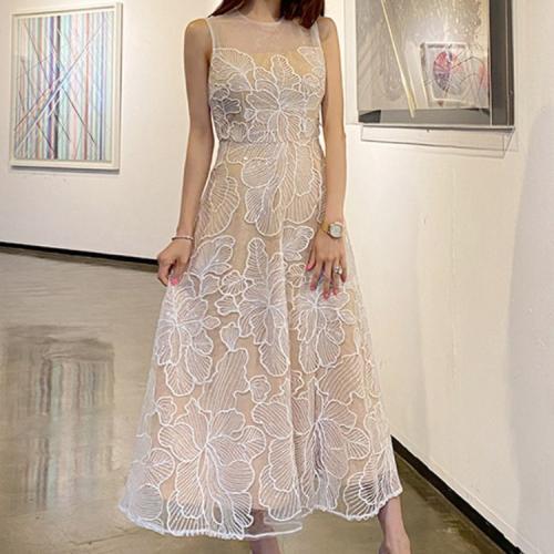 Polyester Slim One-piece Dress embroider floral white PC