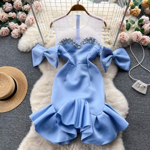 Pure Desire Style Heavy Industry Beaded Bowknot Mesh Dress Women's Waist First Love Hip Fishtail Fairy Dress