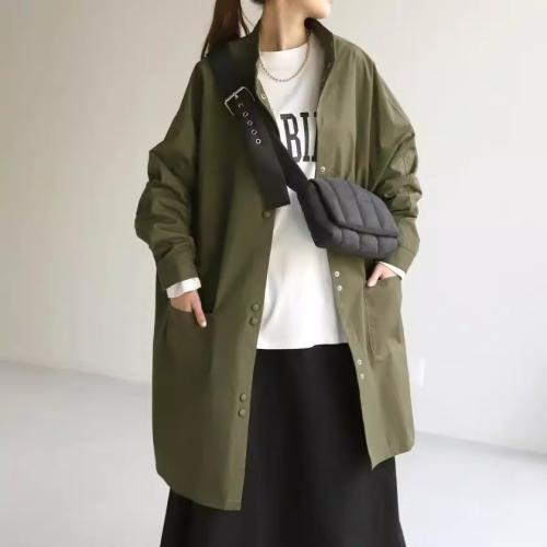 2024 Spring and Autumn Korean Style Casual Pocket Vertical Collar Coat Mid-length Women's Wear