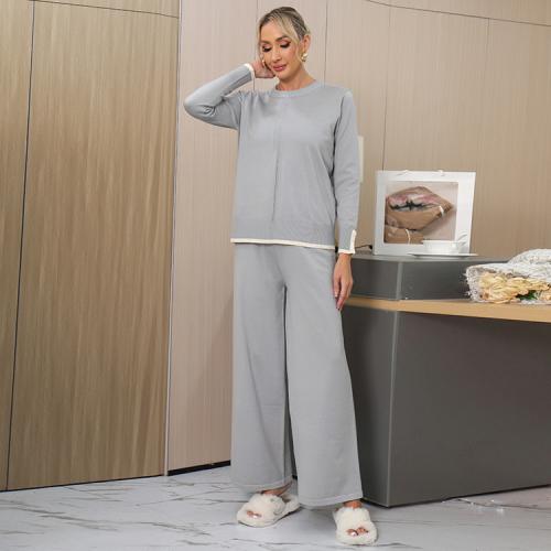 Simple Fashion Two-piece Crewneck Elastic Knitted Sweater High Waist Loose Wide Leg Pants suit Women's Clothing