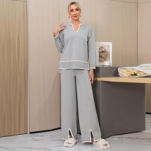 Autumn and Winter Women's U-collar Long-sleeved Knitted Sweater suit Split Wide Leg Pants Two-piece Set