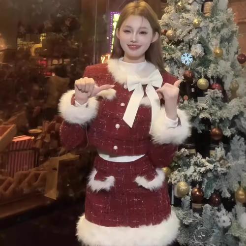 Winter Christmas Atmosphere Chanel Style Fluffy Long Sleeve Coat High Waist Warm Skirt Gown suit