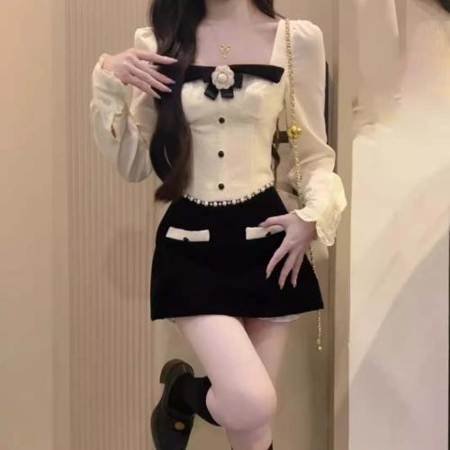 Women's Autumn and Winter Two-piece Set New Style Square Collar Top Elegant Long Sleeve High Waist Slimming Skirt