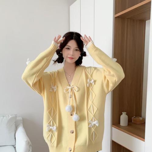 Bow Sweater Cardigan Women's 2024 Autumn and Winter New Design Sweet Age-reducing Loose V-neck Sweater Jacket