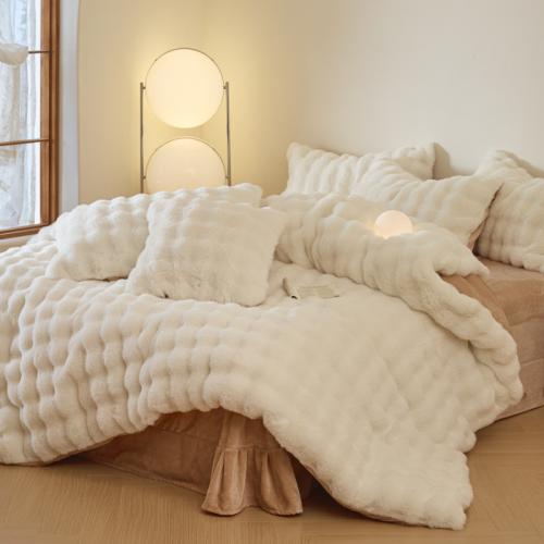 Class A rabbit plush four-piece set autumn and winter thickened warm imitation fur soft milk velvet bed hat  set