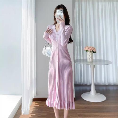 Fashion Socialite V-neck Long-sleeved Knitted dress Waisted Base Ruffled Sweater Dress