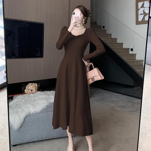 Puff Sleeve Square Collar Knitted dress Autumn and Winter Tight Waist Slimming A-line Sweater Dress