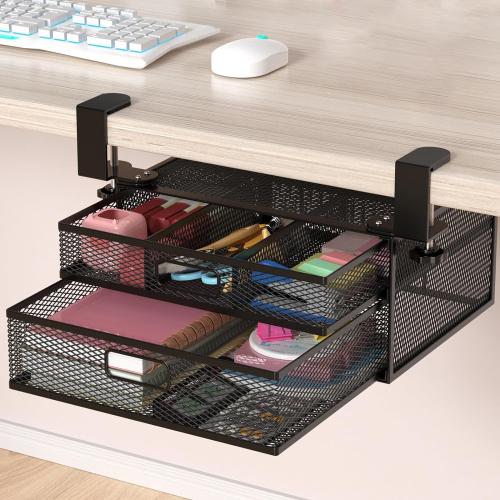 New Hidden Desk Drawer with Lock Metal Storage Basket Punch-free Double-layer Storage Rack Separable