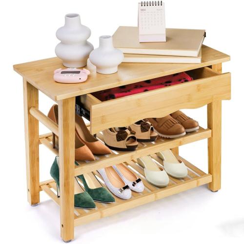 Bamboo Shoe Rack Bench 3-layer Shoe Storage Rack Entrance Corridor Balcony Shoe Changing Stool with Drawer Shoe Seat