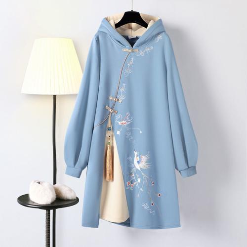 Mid-length sweater for women cover butt autumn and winter chinese style hooded fleece-lined thickened dress women