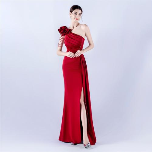 Women's Clothing Heavy Industry Beaded Handmade Art Flower Pleated Technology Satin Shoulder Evening Dress