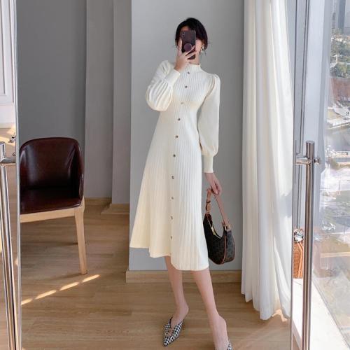 Temperament Style Sweater Skirt Half High Neck Base with Bubble Sleeve Knitted dress