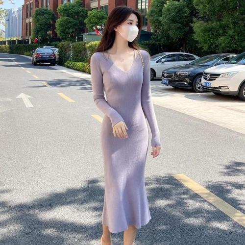 Elegant V-neck knitted dress autumn and winter new women's clothing gentle style slim-fit sheath sweater skirt