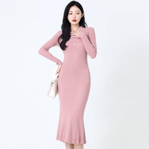 Cheongsam knitted dress autumn and winter women's clothing fashion design sense buckle skirt