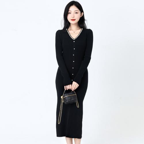 V-neck beaded knitted dress autumn and winter new design sense niche high sense skirt