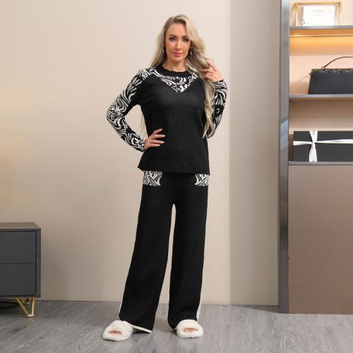 2024 Autumn and Winter Jacquard Sweater Loose Casual Long-sleeved Wide-leg Pants Knitted Two-piece Set for Women