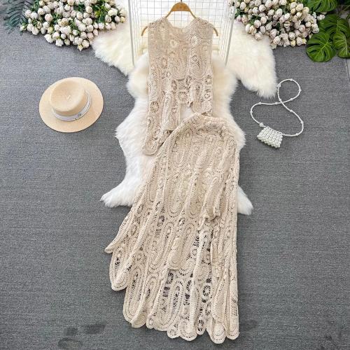 Retro hollow mesh crocheted design sense suit women's sleeveless vest top high waist skirt