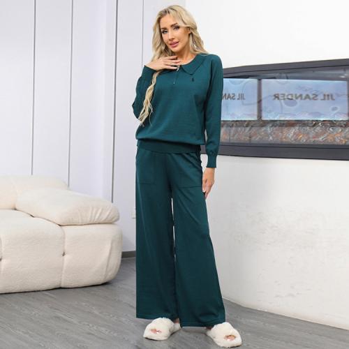 2024 Simple Pony Embroidered POLO Collar Long Sleeve Knitted Top Wide Leg Pants Knitted Two-Piece Set for Women