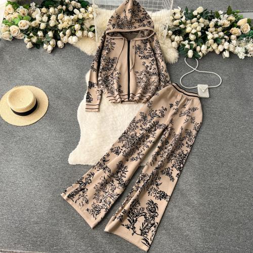 Fashion Knitted suit Women's 2024 Spring and Autumn Hooded Sweater Wide Leg Pants Two-piece Set