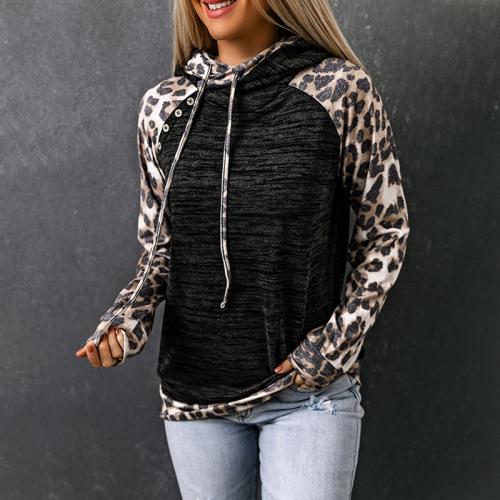 2024 New Fashion contrast color hooded sweater Women's casual loose leopard print stitching long-sleeved top