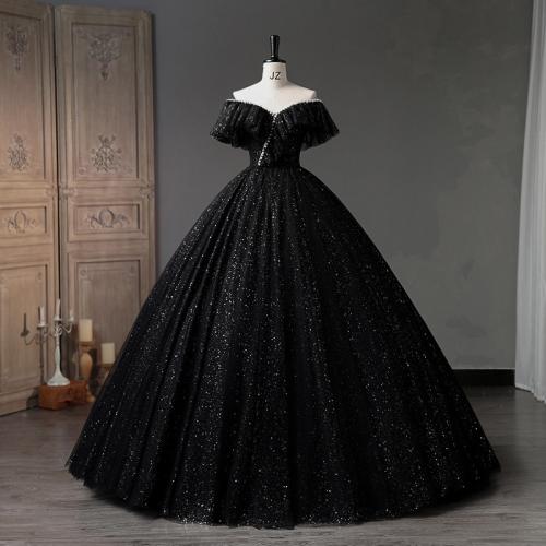 Evening dress off-shoulder elegant black performance meeting host piano solo adult ceremony pettiskirt