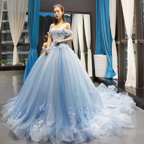 Fairy Style Colored Yarn 2024 New Arrival Pontoon Dress One-Shoulder Elegant Trailing Dinner Princess Dress