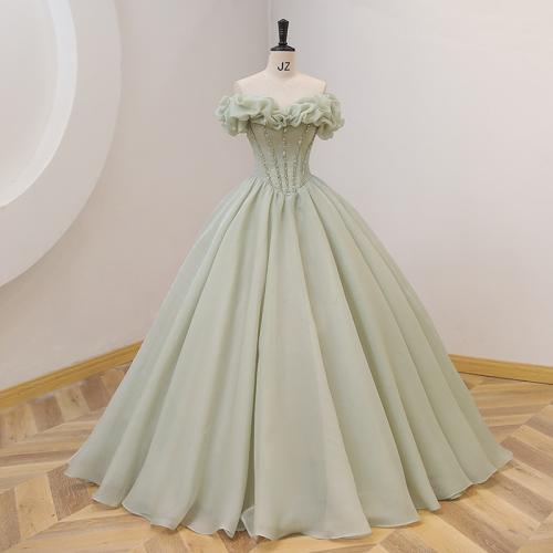 Off-shoulder green dress solo pettiskirt 2024 new student vocal music art exam performance dress party host female