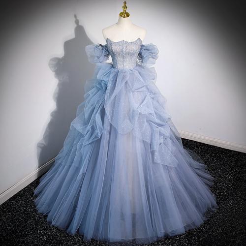 Off-shoulder evening dress 2024 haze blue piano performance adult ceremony wedding dress beauty solo blue gauze skirt art test