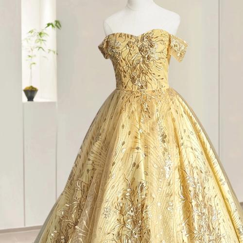 Golden Chorus Dress 2024 Spring Performance Puffy Color Wedding Dress Art Test Solo Female Student Simple Performance Dress