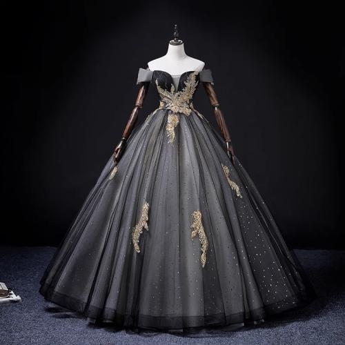 Black color yarn solo costume 2024 New elegant vocal art exam dress slimming off-shoulder skirt