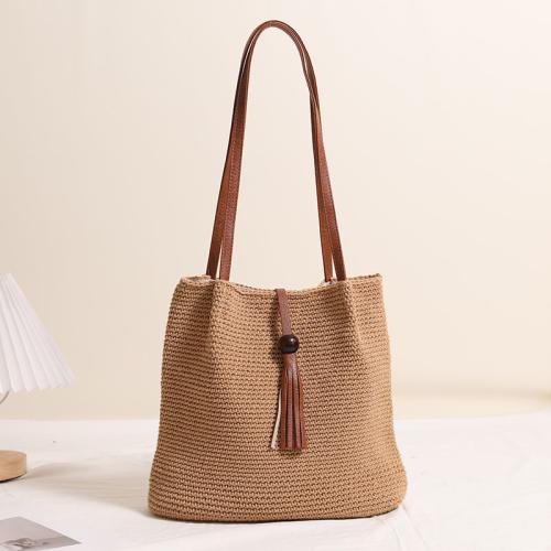 Cotton Cord Beach Bag & Easy Matching Woven Shoulder Bag large capacity Wooden Beads & PU Leather PC