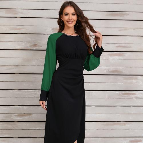 Retro contrast color irregular dress metal necklace waist long sleeve dress