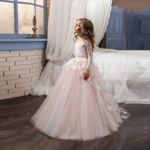 Girls puffy dress Princess dress long sleeve flower girl evening dress piano performance wedding dress long dress