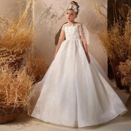 Trailing children's wedding bridesmaid dress lace sleeveless birthday host piano performance girl's fluffy gauze dress