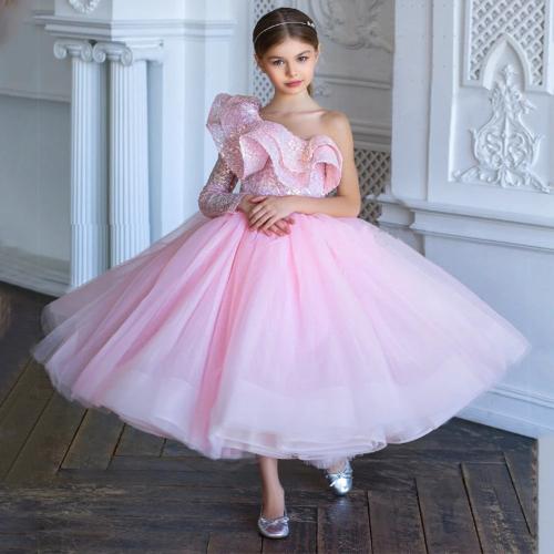 Children's princess dress flower wedding dress one-shoulder midi dress fashion flower girl bridesmaid Little host dress pink