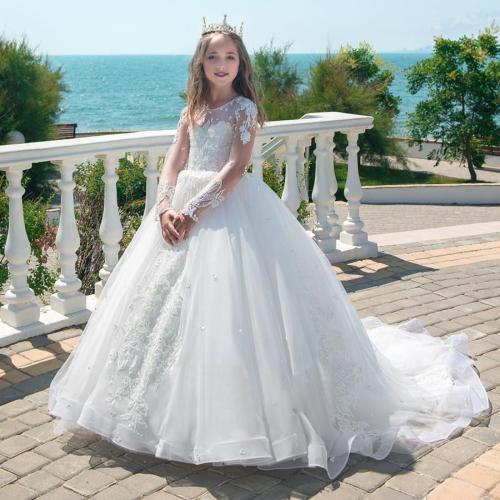 Children's dress long-sleeved girl's wedding dress fluffy princess dress lace birthday flower girl catwalk dress