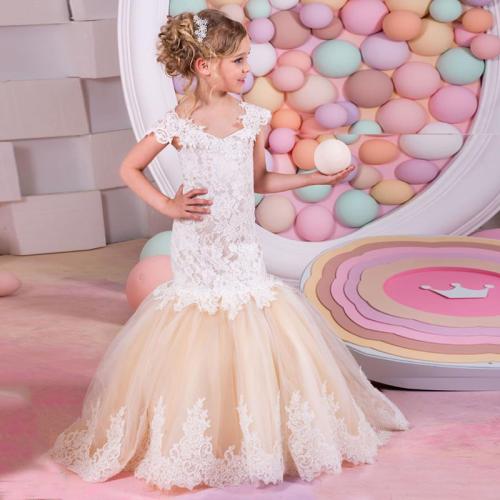 Fishtail children's evening dress full lace short sleeve off-shoulder flower girl wedding dress