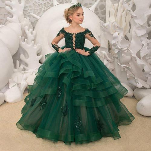 New lace court long sleeve princess dress performance Ball flower girl wedding dress long tail dress